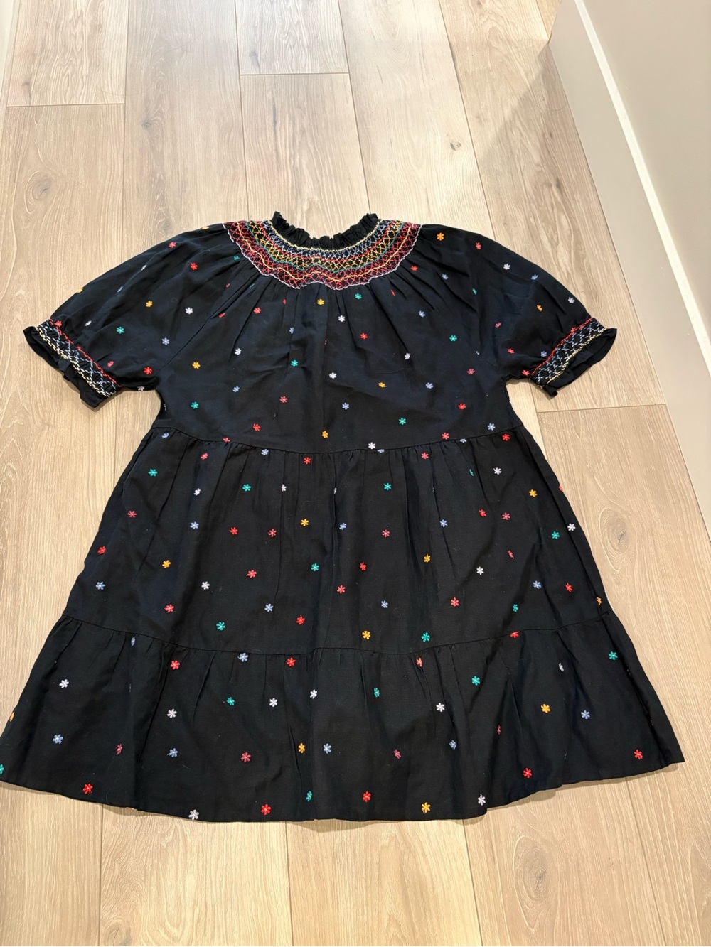 Sezane Black Mini Dress with Multicolor Embroidered Details